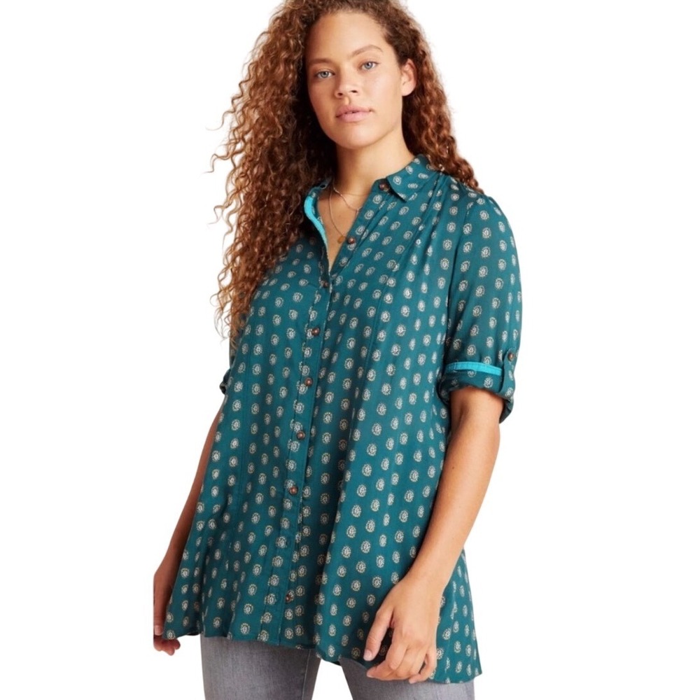 Anthropologie‎ Maeve Monika Teal Medallion Floral Button Down Tunic Top S Boho